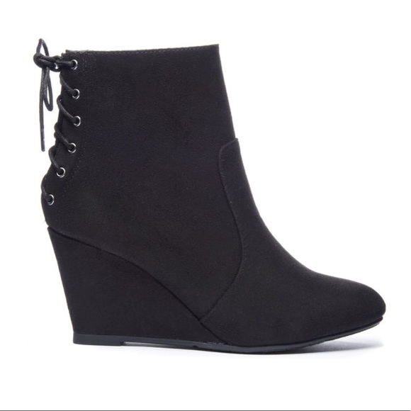 Black Crisscross Lace Back Wedge Booties - Picture 7 of 9